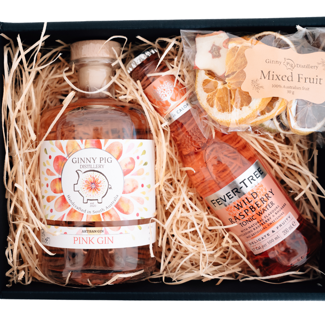 Mothers day Pink gift box with Ginny Pig Pink Gin, wild raspbery tonic and mixed dried fruit garnish