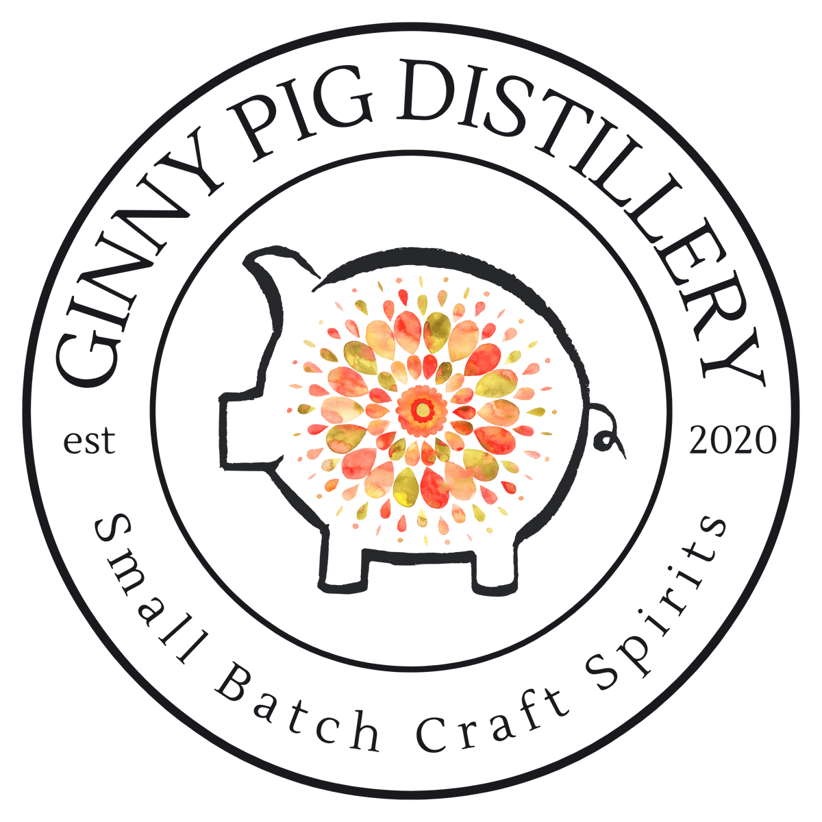 Logo of Ginny Pig Distillery with a colorful pig design inside a circular text frame.