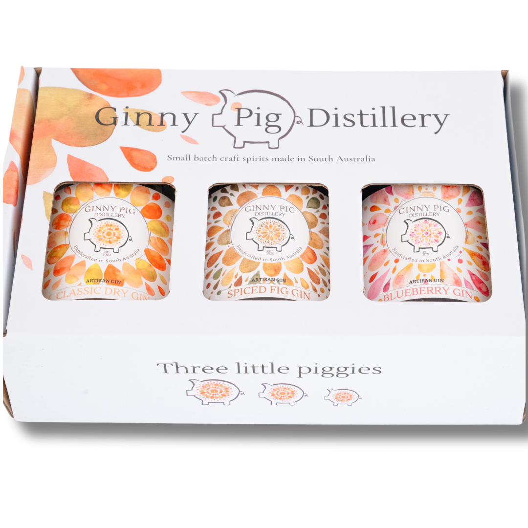 Ginny pig Trio Pack in white box - includes 3 200ml bottles - Classic Dry Gin, Spiced Fig Gin & Blueberry Gin "Three little piggies" on the side of box