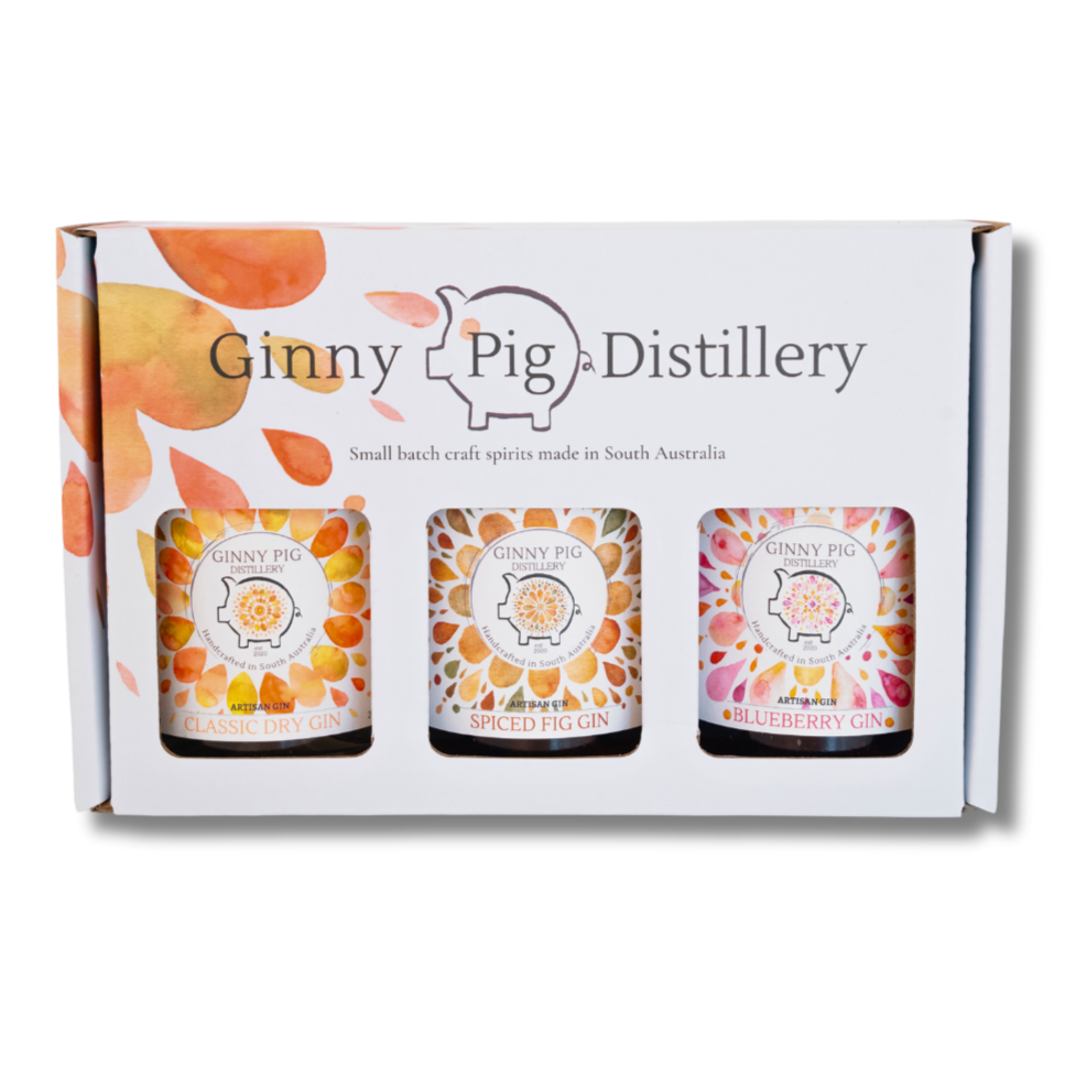 Ginny pig Trio Pack in white box - includes 3 200ml bottles - Classic Dry Gin, Spiced Fig Gin & Blueberry Gin